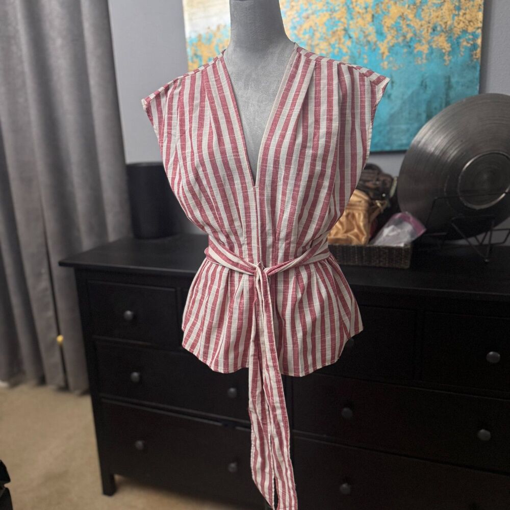 Max Studio Organic Cotton Top Red Awning Stripe With Smocked Waist Size M